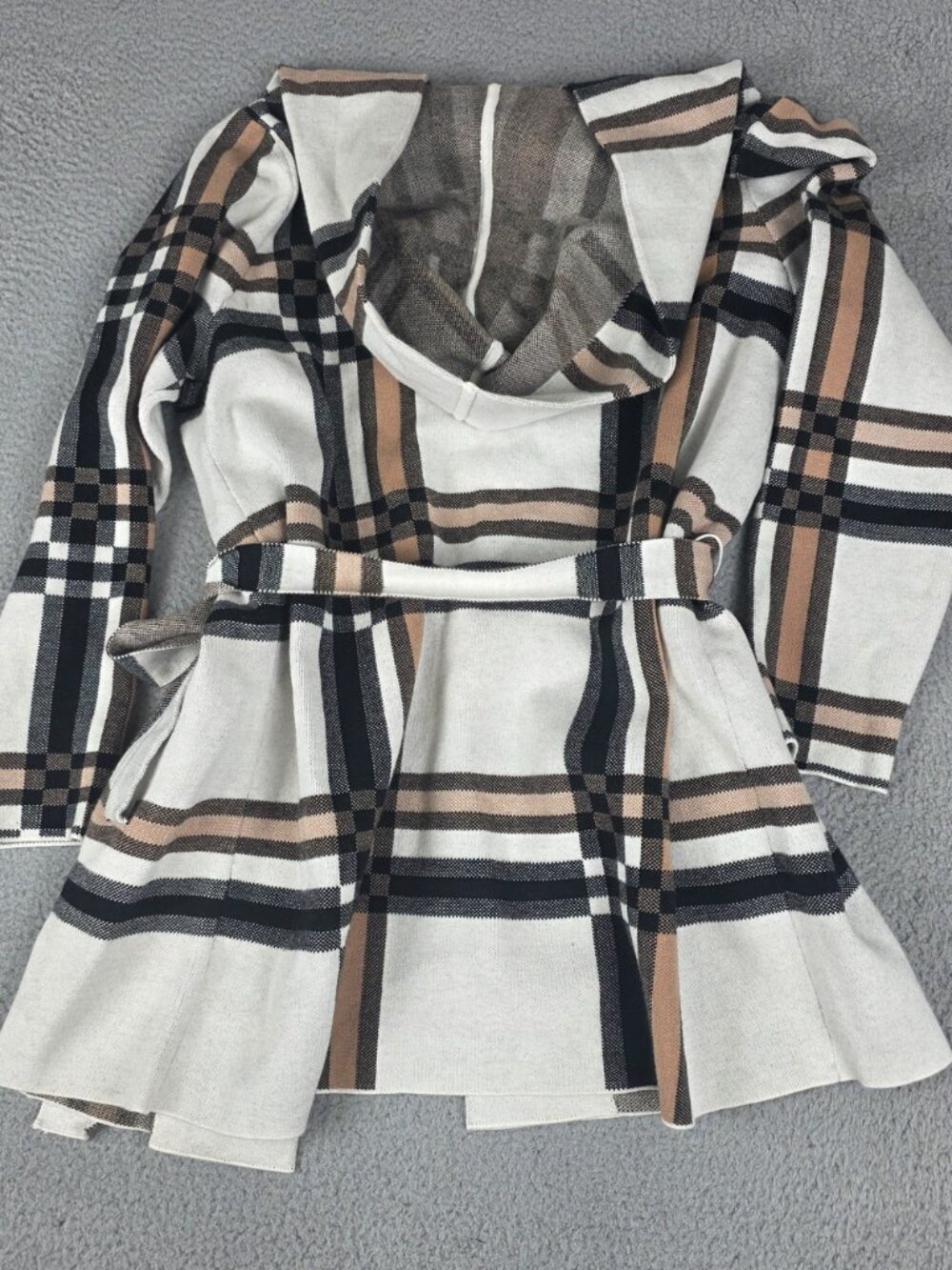 Christian Siriano NY Hooded Cardigan Pockets Tie Belt Tartan Plaid Tan Black 1X - Picture 3 of 3
